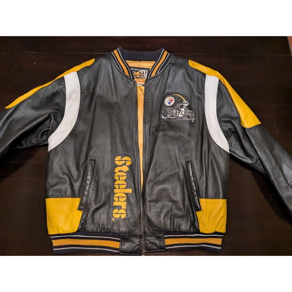 Vintage 90s G-III Carl Banks Pittsburgh Steelers Leather Jacket XL NFL Black/GLD